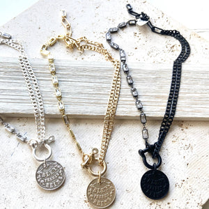 Edgy glam French champagne coin shackle necklace : Matte black