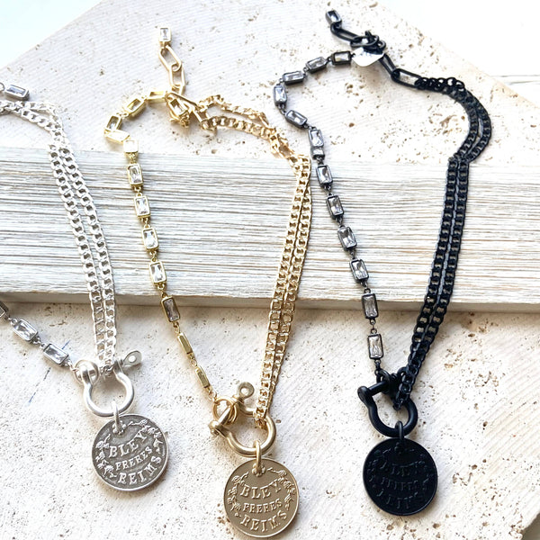 Edgy glam French champagne coin shackle necklace : Matte black