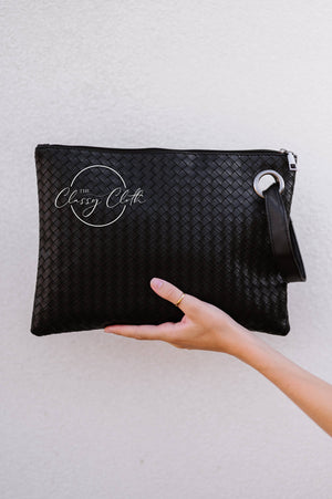 Trendy Faux Leather Weave Clutch - Black