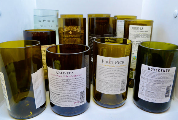Upright wine vessels with labels
