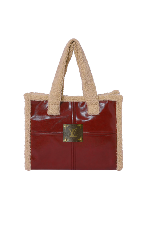 Upcycled Leather and Sherpa Tote: Red