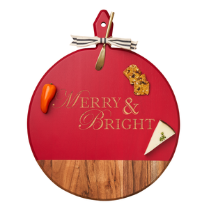 Acacia Heirloom Board Round In Red Color w/ Gold Spreader & Ribbon | Merry & Bright | 20 x 16"