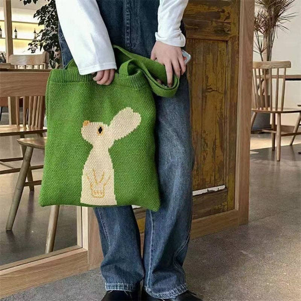 Crocheted Bunny Tote Bag - Cute and Casual Fashion Accessory: GREEN