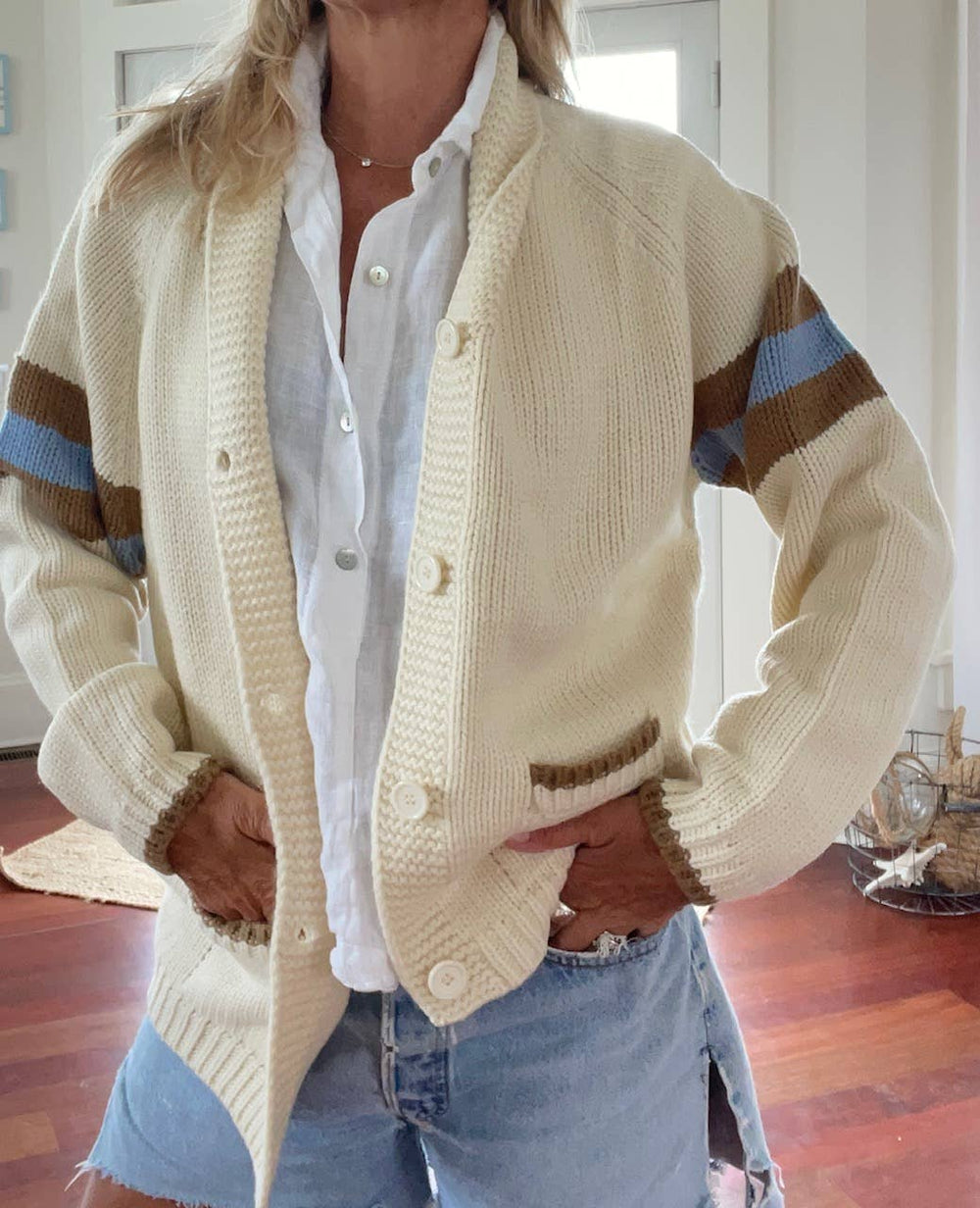 Football Varsity Cardigan In Ivory with Tan/Blue Stripe: