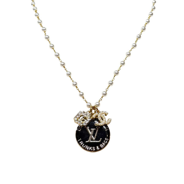 Repurposed Vintage Pearl Louis Vuitton Rhinestone Necklace
