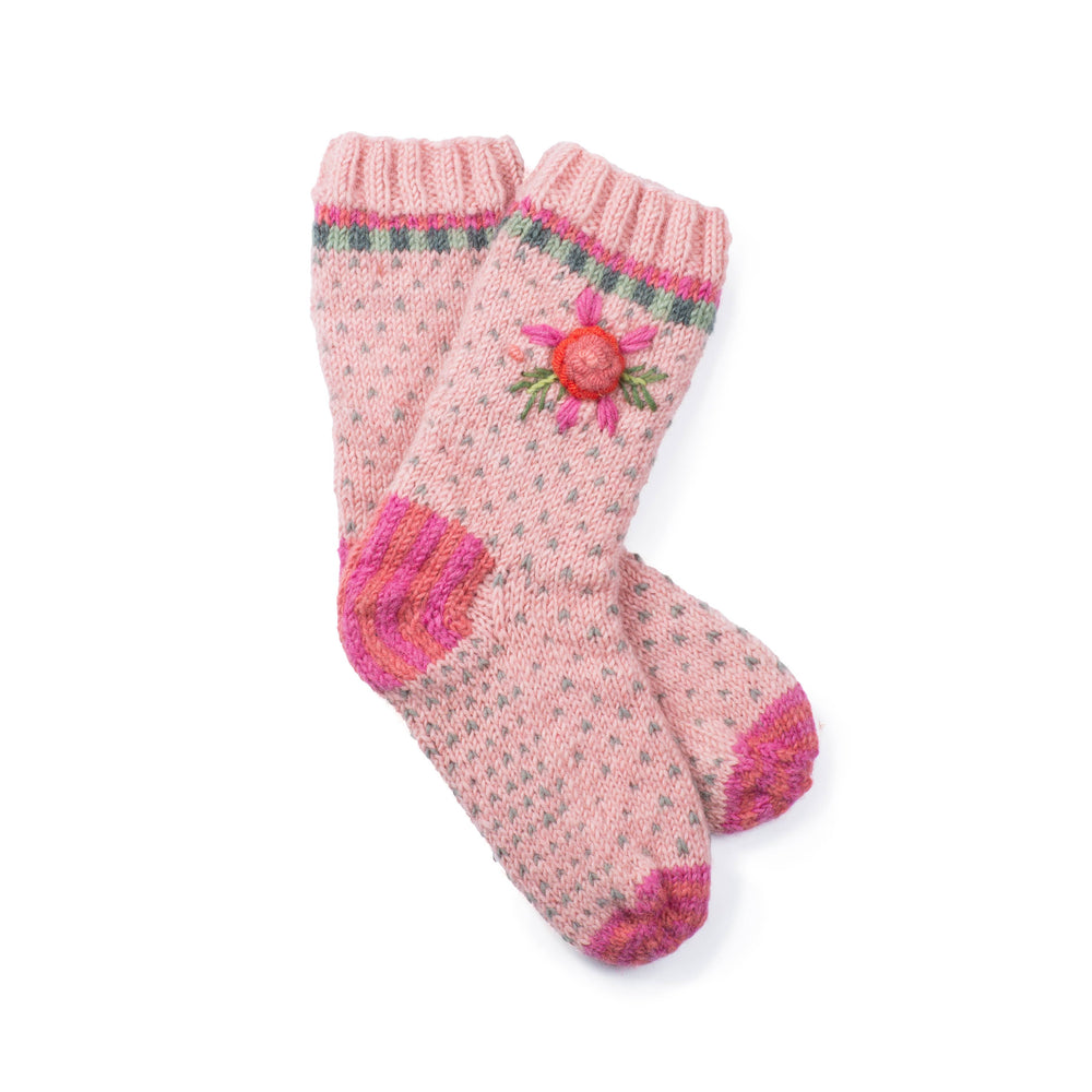 Aubrey Wool Socks Hand Knit With Embroidered Floral Detail: Begonia