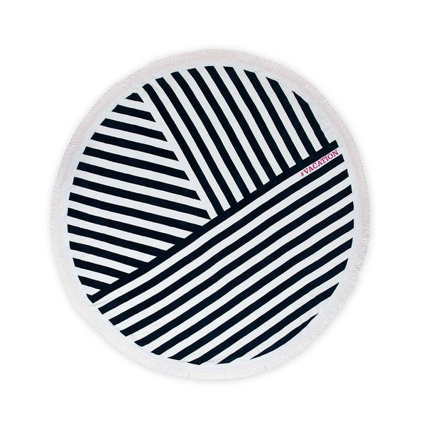 Round Beach Towel - Navy Blue And White Geometric Striped: No / N/A