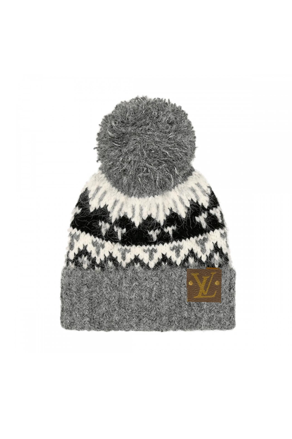 Upcycled Wool Blend Geometric Beanie: Brown with Authentic Louis Vuitton Patch