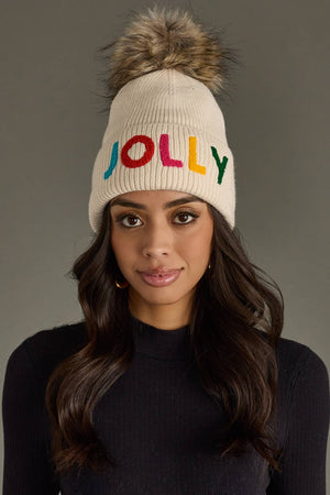 Beige Jolly Knit Pom Hat