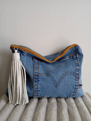 Upcycled Denim Clutch with White Tassel
