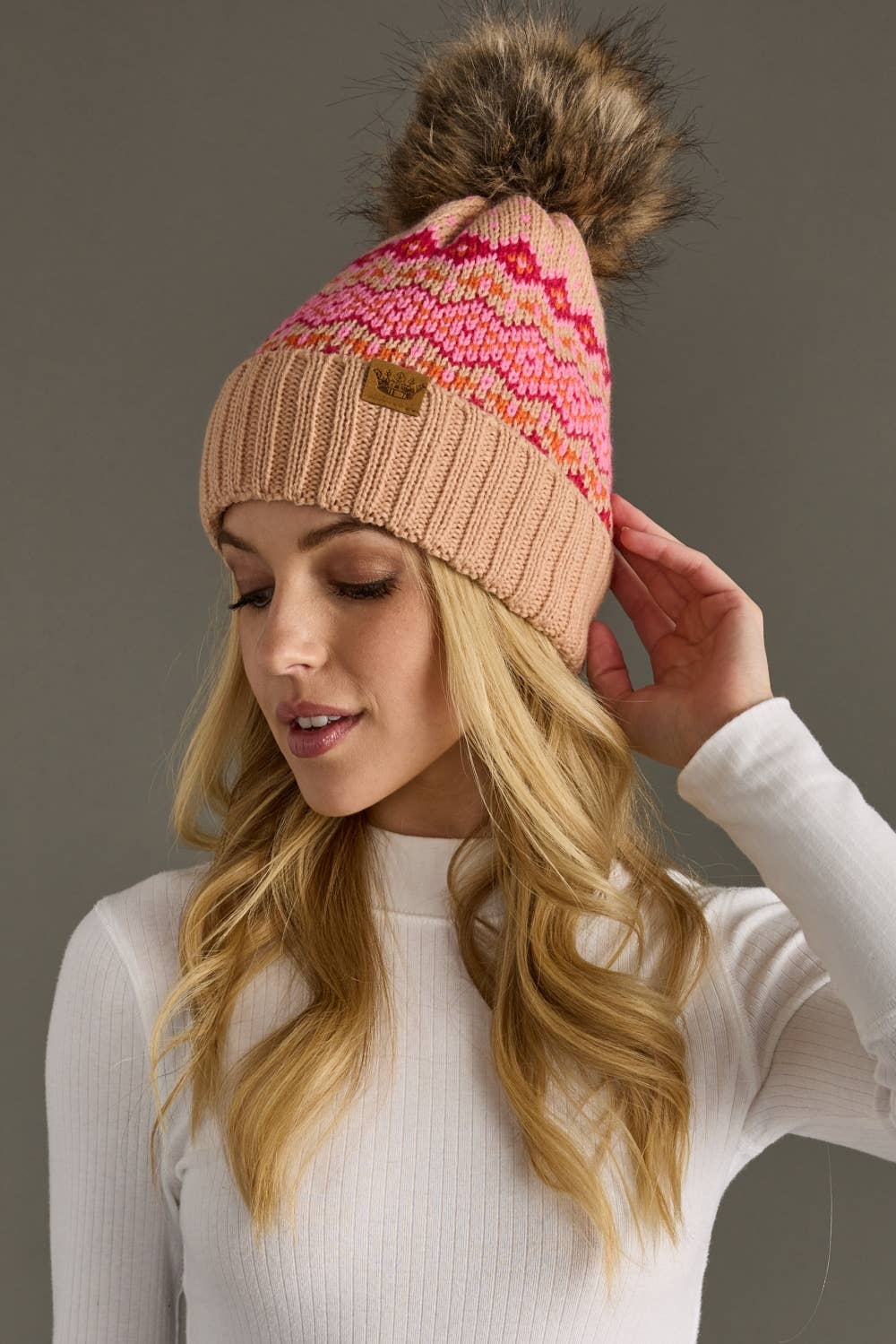 Blush, Pink & Orange Patterned Pom Hat