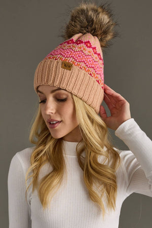 Blush, Pink & Orange Patterned Pom Hat