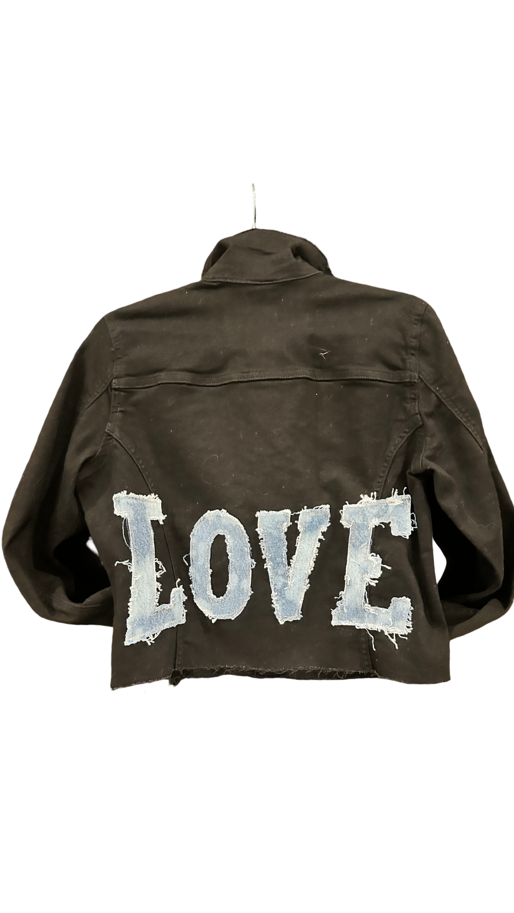 BLACK Denim Jean Jacket w/LOVE & HEARTS-Crystals at collar: Large