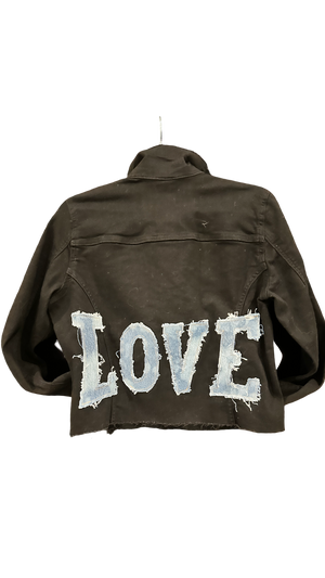 BLACK Denim Jean Jacket w/LOVE & HEARTS-Crystals at collar: Large