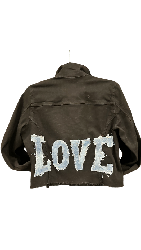 BLACK Denim Jean Jacket w/LOVE & HEARTS-Crystals at collar: M