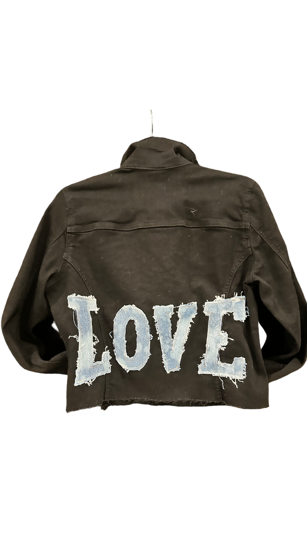 BLACK Denim Jean Jacket w/LOVE & HEARTS-Crystals at collar: Medium