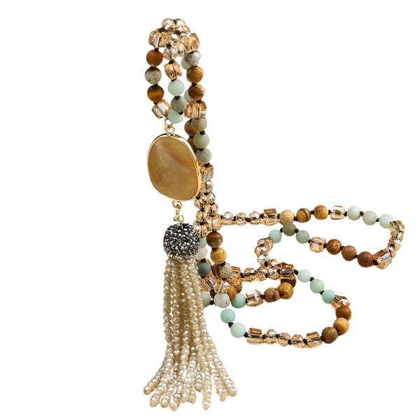 Mala Genuine Gemstone Lariat Tassel Necklace: Amazonite