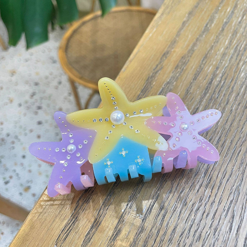 Rhinestone Starfish Hair Clip - Purple Yellow Pink or Orange Blue Yellow Starfish