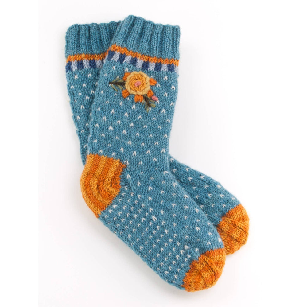Aubrey Wool Socks Hand Knit With Embroidered Floral Detail: Begonia