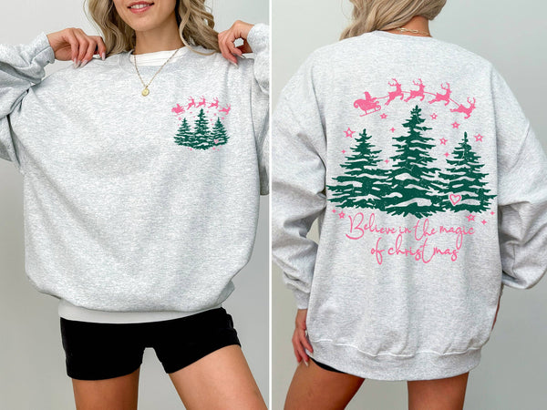 Believe In The Magic Of Christmas Santa Tree Snow Sweatshirt: Light Pink / Small
