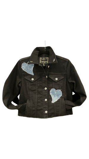 BLACK Denim Jean Jacket w/LOVE & HEARTS-Crystals at collar: Large