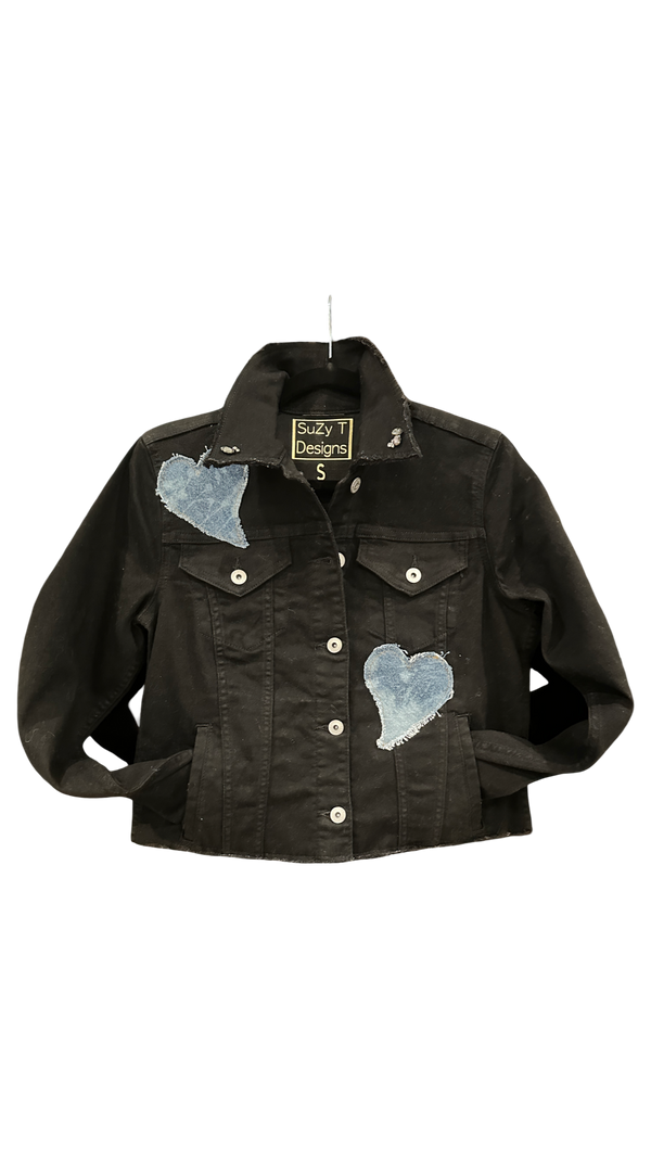 BLACK Denim Jean Jacket w/LOVE & HEARTS-Crystals at collar: Large