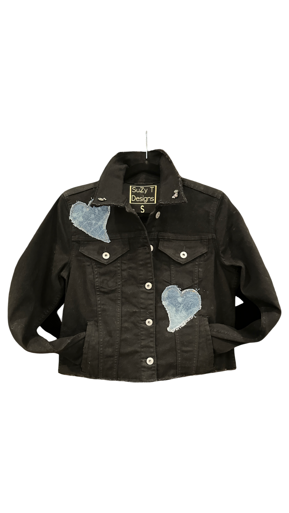 BLACK Denim Jean Jacket w/LOVE & HEARTS-Crystals at collar: Medium