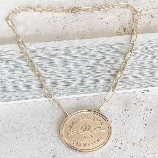 French coin, champagne label statement necklace: Burnished silver