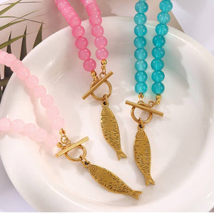 Koi Fish Statement Necklace | Coastal Summer Jewelry: Pink ,Turquoise or Hot Pink Bead