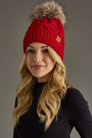 Red Cable Knit Pom Hat