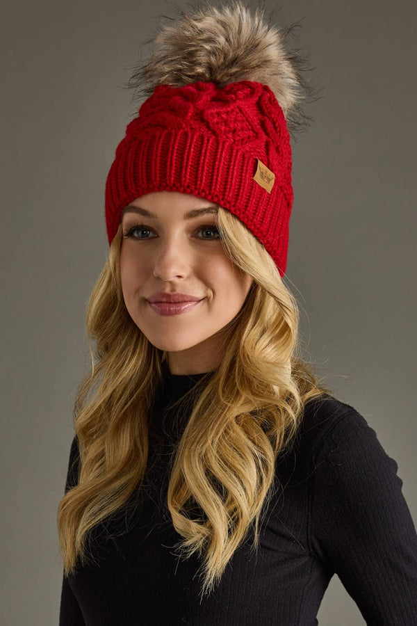Red Cable Knit Pom Hat