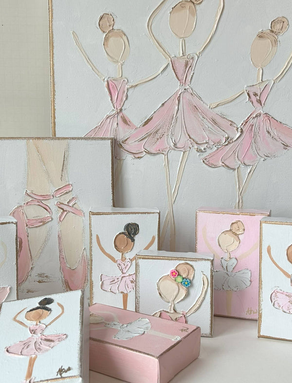 Ballerina Trio | canvas art recital dance ballet nutcracker: White back & pink dress / 16x20-inch standard profile canvas / Light skin & lt. brown hair