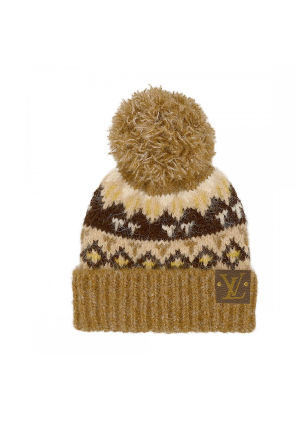 Upcycled Wool Blend Geometric Beanie: Brown with Authentic Louis Vuitton Patch