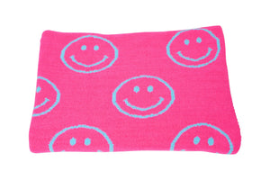 Smiley Face & Lightning Plush Throw Blankets Christmas Smiley Face Neon Fuchsia & New Sky Blue