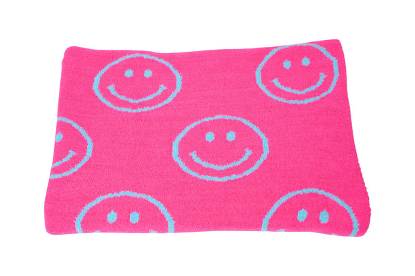 Smiley Face & Lightning Plush Throw Blankets Christmas Smiley Face Neon Fuchsia & New Sky Blue