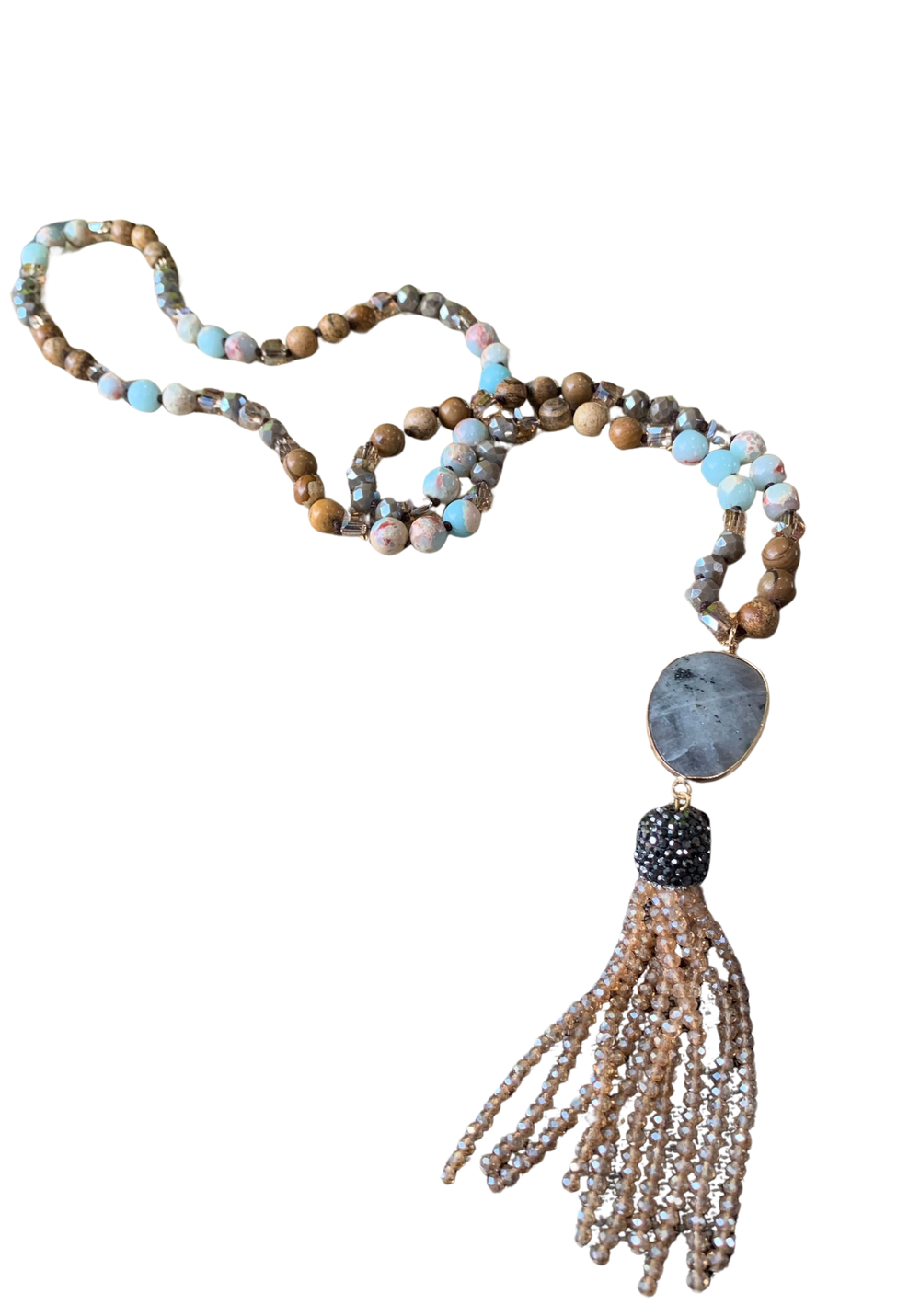 Mala Genuine Gemstone Lariat Tassel Necklace: Amazonite