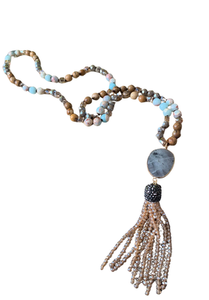 Mala Genuine Gemstone Lariat Tassel Necklace: Amazonite