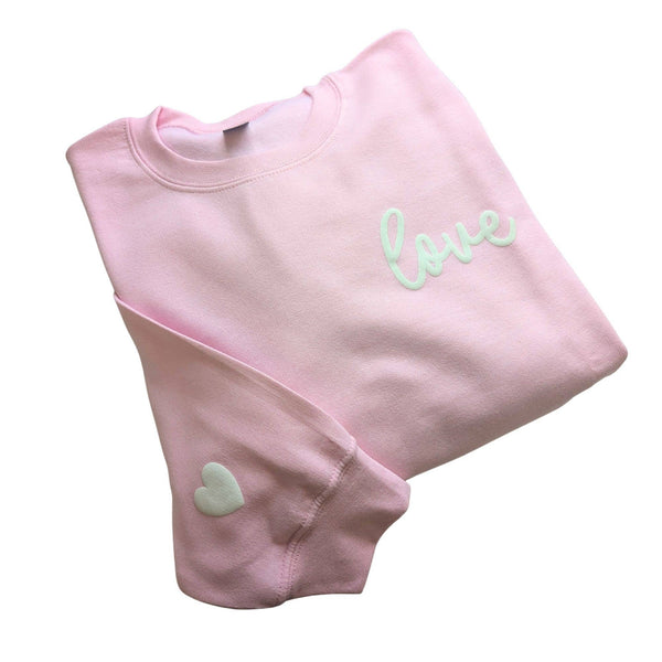 LOVE Sweater Puff Print Valentines Day Crewneck: Light Pink / Small