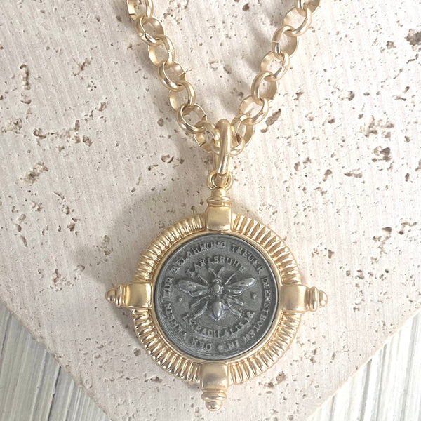 Bee necklace coin jewelry French matte gold boutique