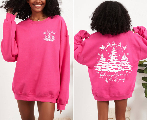Believe In The Magic Of Christmas Santa Tree Snow Sweatshirt: Light Pink / Small