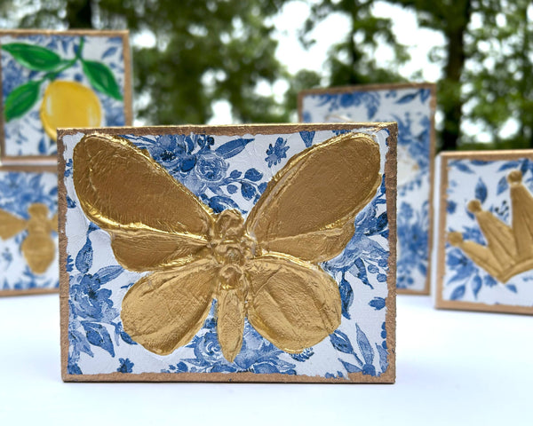 Chinoiserie Art Blocks |  botanicals blue white bridal tea: 4x5 butterfly