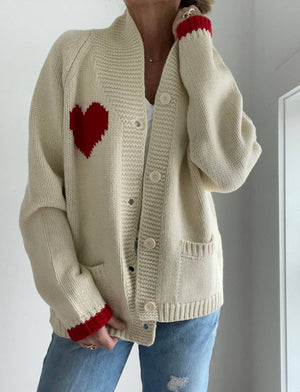 Varsity Chunky Heart Cardigan in Ivory/Red. M/L