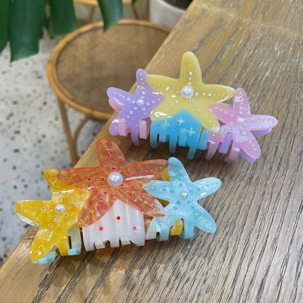Rhinestone Starfish Hair Clip - Purple Yellow Pink or Orange Blue Yellow Starfish