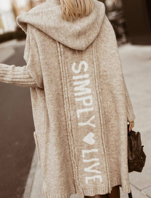 Hooded Longline Knit Coat: tan S