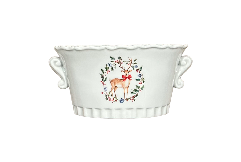 Christmas Holiday Oval Cachepot w/ Woodland Deer and Holly
