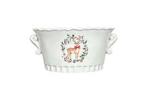 Christmas Holiday Oval Cachepot w/ Woodland Deer and Holly