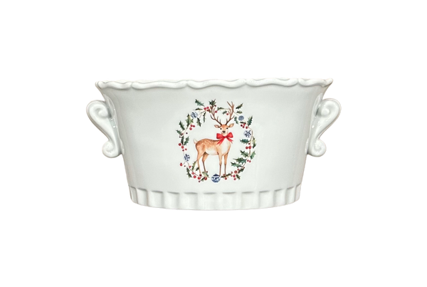 Christmas Holiday Oval Cachepot w/ Woodland Deer and Holly