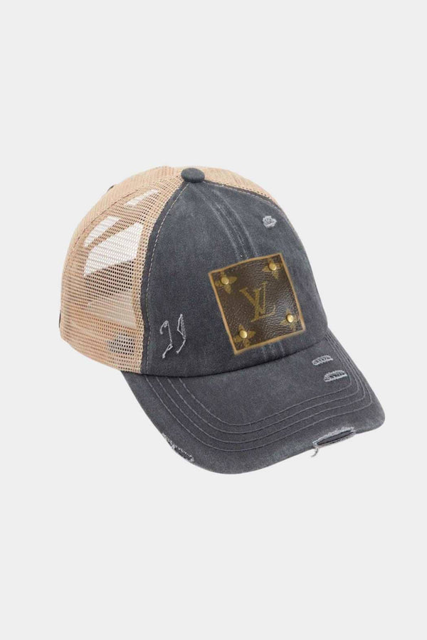 LV Up-Cycled Distressed Trucker Cap: Black