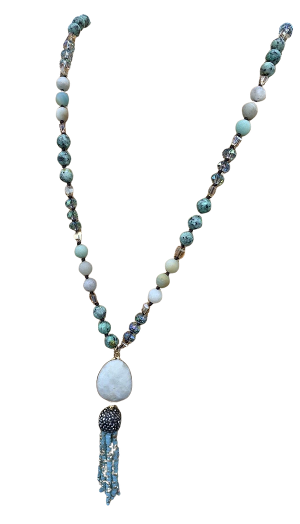 Mala Genuine Gemstone Lariat Tassel Necklace: Amazonite