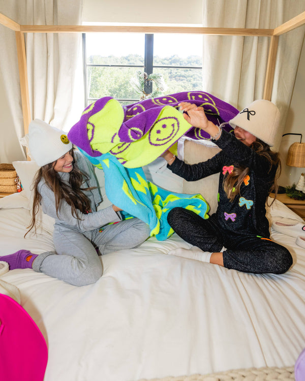 Smiley Face & Lightning Plush Throw Blankets Christmas Smiley Face Neon Fuchsia & New Sky Blue